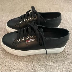 Superga Black Leather Platforms